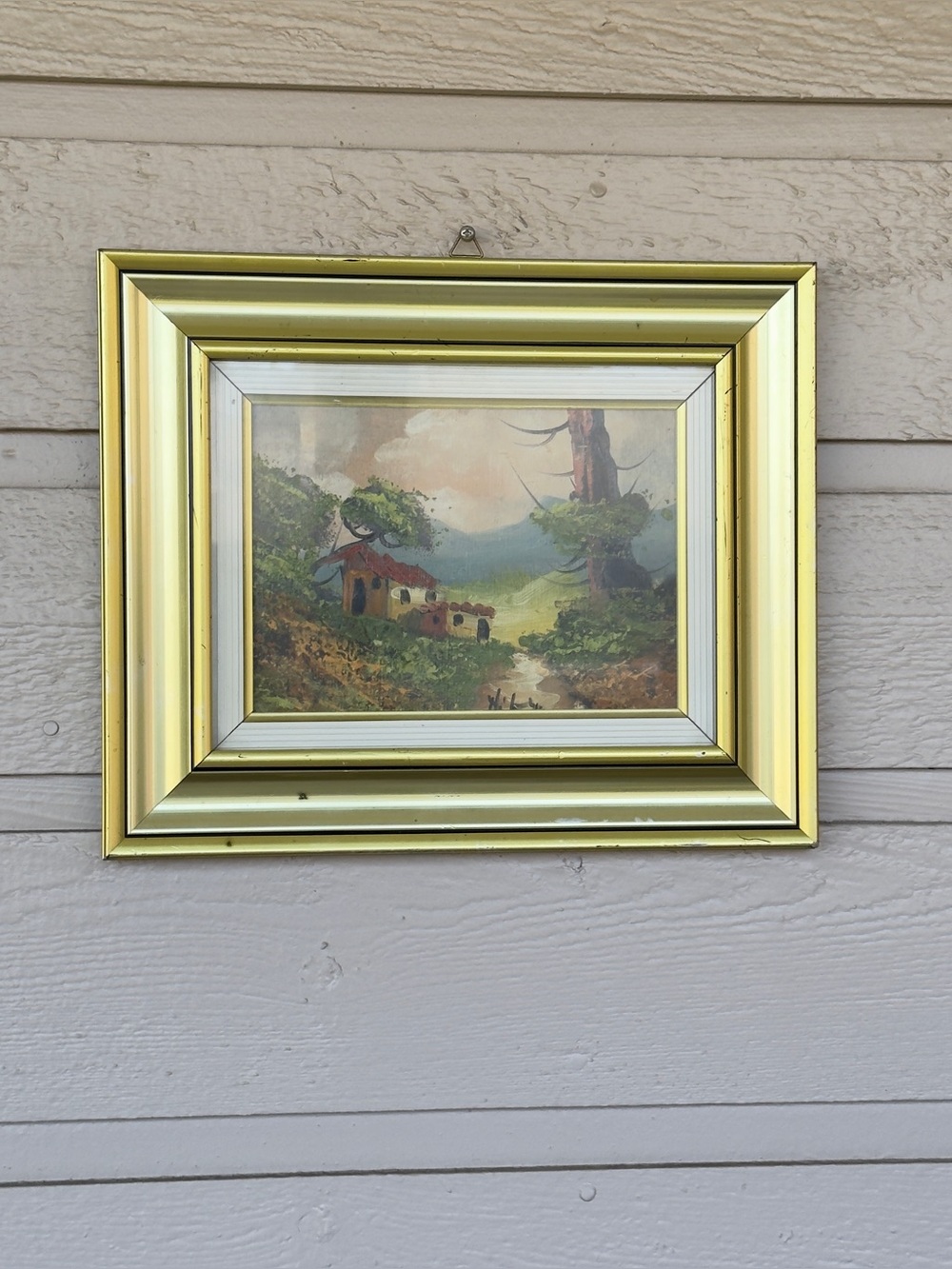 Vintage Country Cottage House Landscape Oil on Canvas Painting Signed 14x11.5”